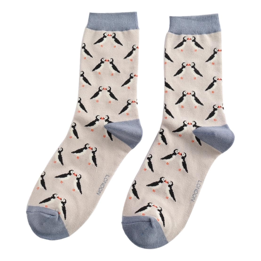 Mr Sparrow Kissing Puffins on Silver Womens Novelty Ankle Socks Adult One Size