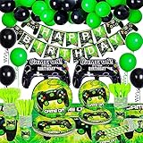 227Pcs Birthday Party Decorations for Boys, Level Up Birthdays Decorations, Video Game Party Supplies With Happy Birthday Banner, Balloons, Tablecloth Paper Plates Cups Napkins for 25 Guest