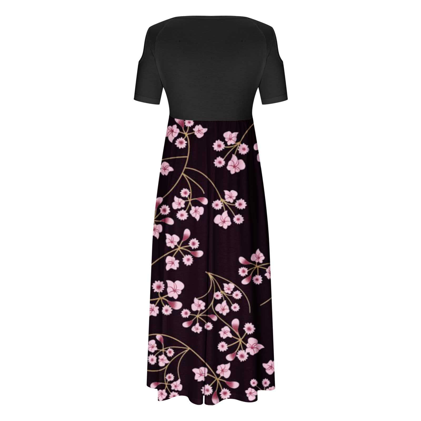 Damen Kleid Lang Damen Elegant Cold Shoulder Drucken Rundhals Boho Schwingen Maxikleid Lässige Kalte Schulter Freizeitkleid mit Hoher Taille Slim Kurzarm A-Linie Lange Strandkleid Sommerkleid