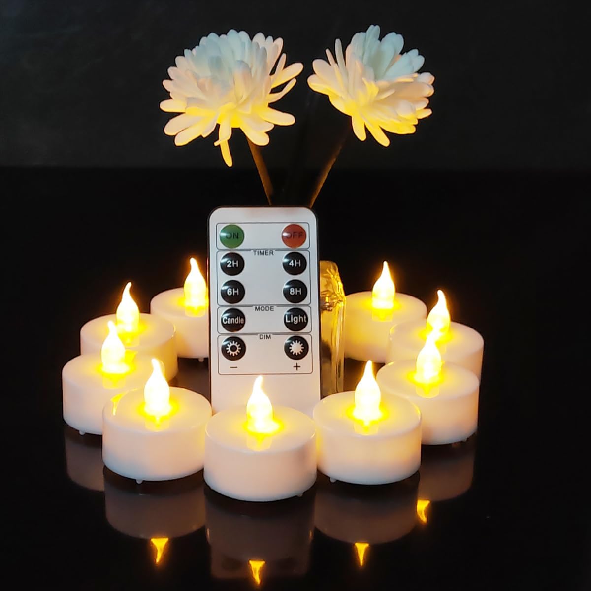 Jialine Battery Tea Lights with Remote Control Timer, 12 Pack LED Candles, Remote Electric and Battery Tea Lights Decoration for Halloween, Party, Christmas, Easter, Wedding