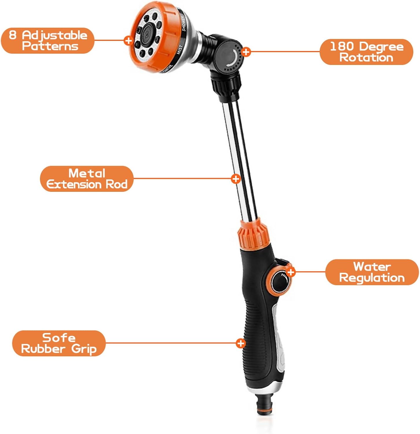 Blütezeit 18-Inch Hose Wand, Water Sprayer with 8 Watering Patterns, Heavy-Duty Metal Hose Nozzle,180° Adjustable Swivel Head Sprinkler,Thumb Flow Control On/Off Valve for Garden & Lawn