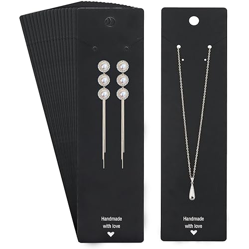 100PCS Necklace Display Cards, 2.16'' x 8.27'' Long Necklace Holder Cards, Handmade with Love Necklace Cards Hanging Tags, Earring Necklace Holders for Selling, Jewelry, Business (Black)