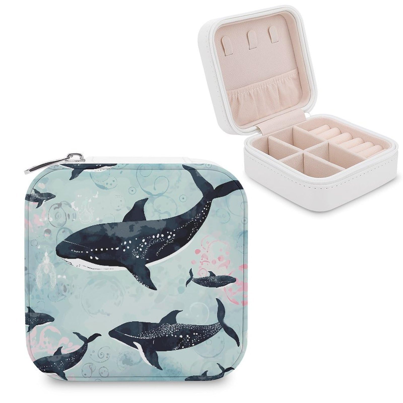 MUSM Whale Travel Jewelry Case Personalized PU Leather Jewelry Boxes for Women Small Portable Jewelry Organizer Box Cute Trinket Box for Necklaces Rings Earrings & Gifts