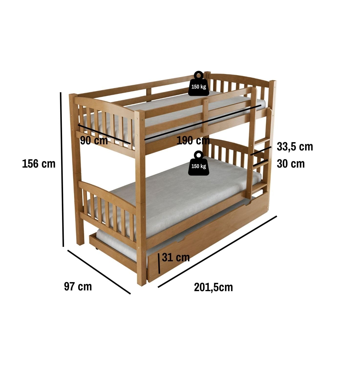 Arredo Stock Letto a castello con terzo letto estraibile in legno di pino massello, 90x190x156 cm (Legno)
