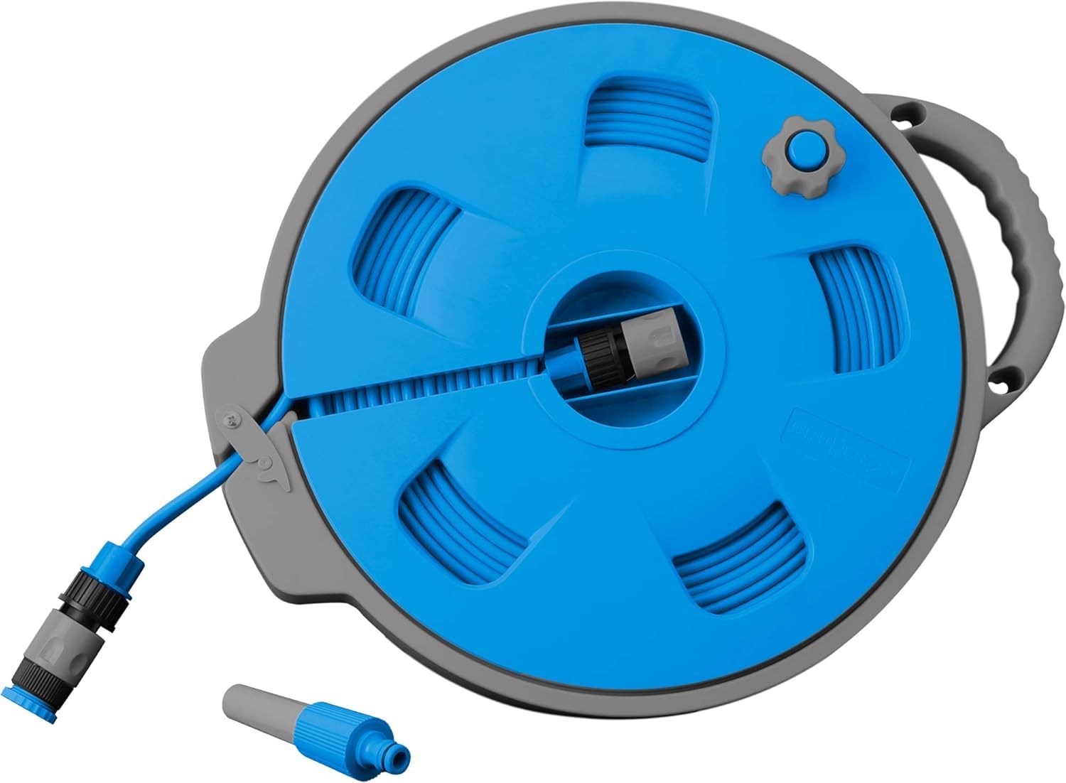BRUNNER 7203132N - Carrete de manguera para camping y jardín Roll On 2.0 con 15 m de tubo plano, azul/gris