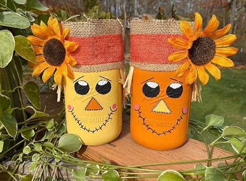 Handcrafted Scarecrow Mason Jars for Fall Farmhouse Decor - Set of 2 Yellow Painted Jars - Image 2