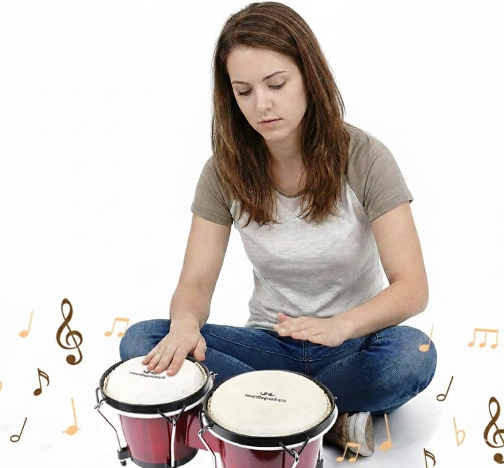 Bongo Drum Set for Adults Kids Beginners Professionals, Upgrade Packaging, Set of 6 and 7 inch Tunable Percussion Instruments, Natural Animal Hides Hickory Shells Wood Metal with Tuning Wrench