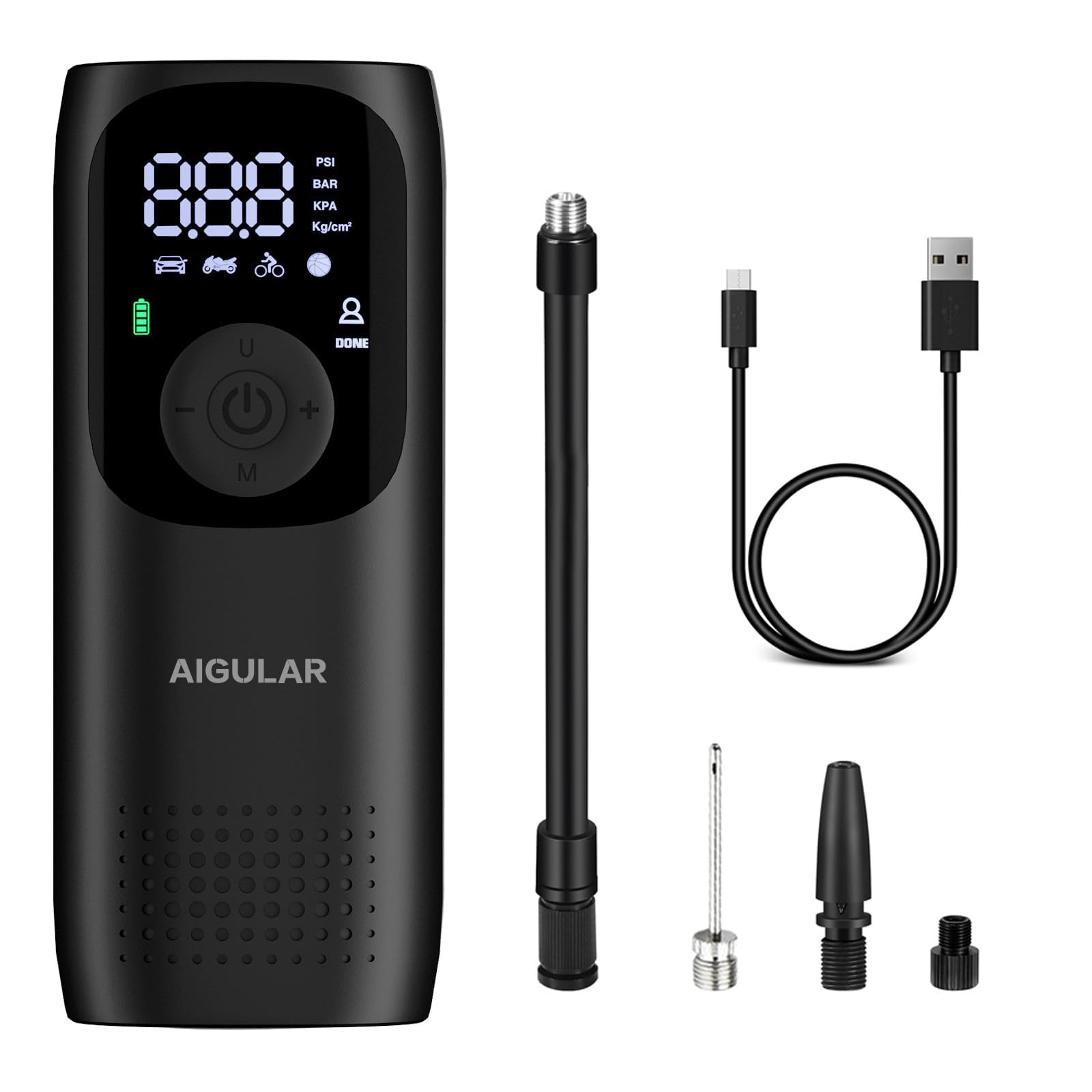 AIGULAR Lp2 Portable Air Compressor - Mini Air Pump with Digital Led Screen, 150 PSI, Bike Pump, Tire Inflator for Car, Motorcycle - Tire Inflator with Rechargeable Lithium Battery