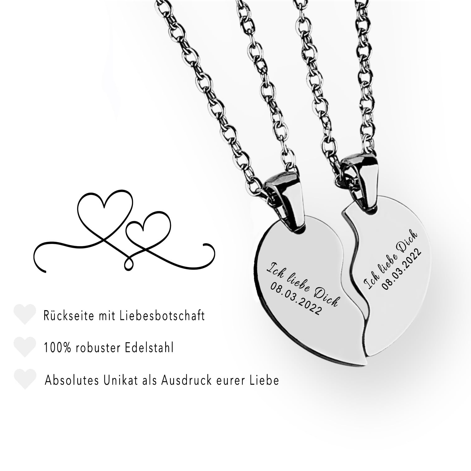Herz Halskette für Paare mit Gravur | personalisiert mit Name, Datum, Spruch | Damen, Herren, Freundin, Verliebte | Kette verstellbar 45 cm, wasserfest mit Rückseite