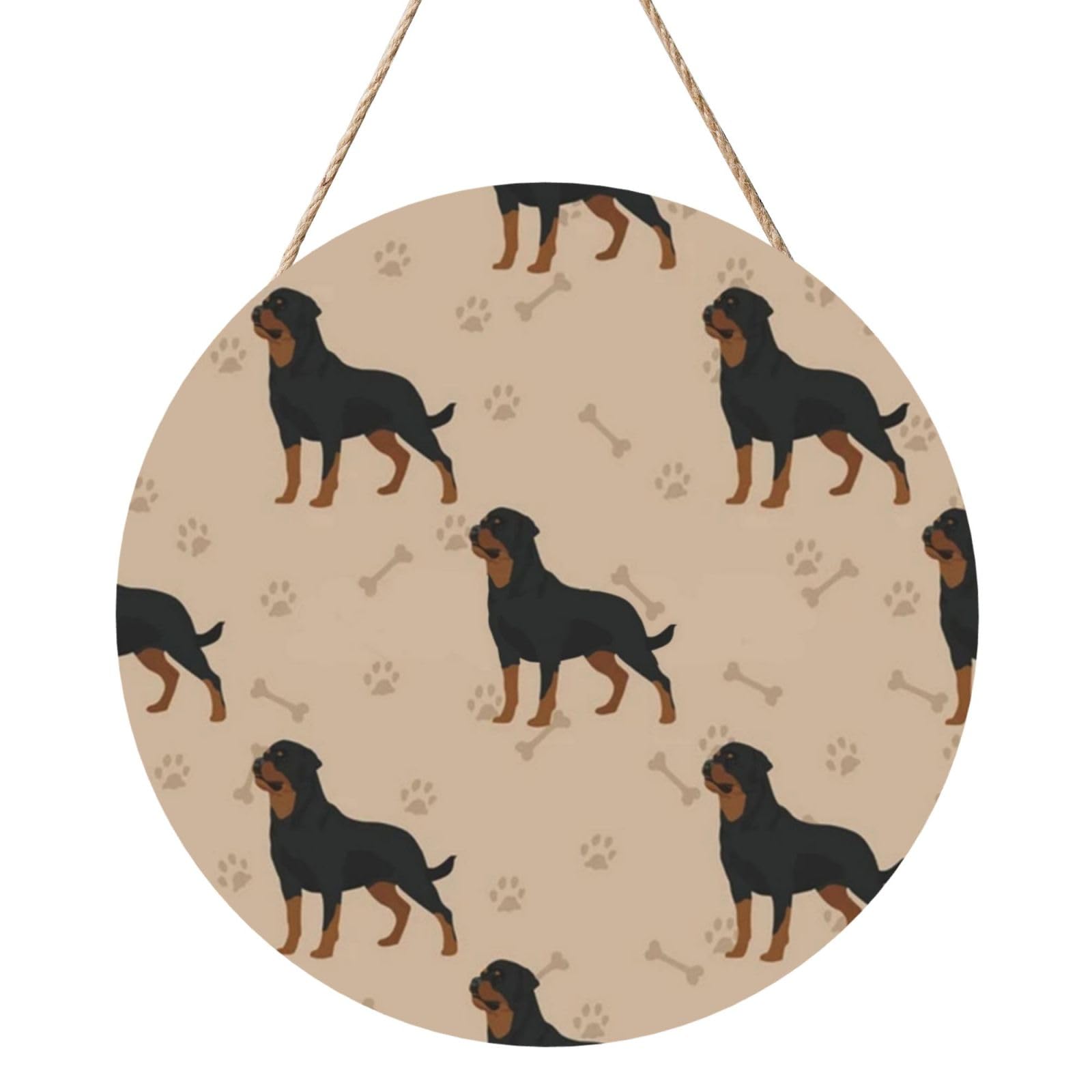 InOmak Rottweiler Dog With Foot Prints And Bones, Round Wood Panel Painting 12 in, Wall Hanging Painting For Home