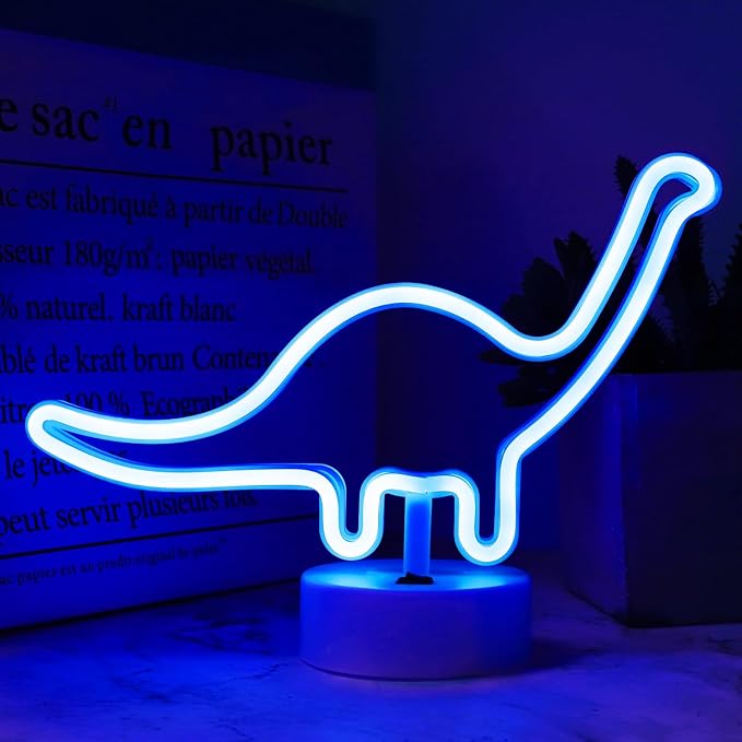 Curyidy Curyidy Neon Signs Dinosaur Lights, Neon Lights with Base Art Decorations Battery/USB Operated Dinosaur Night Lights for Christmas, Halloween, Home Decorations (Blue)