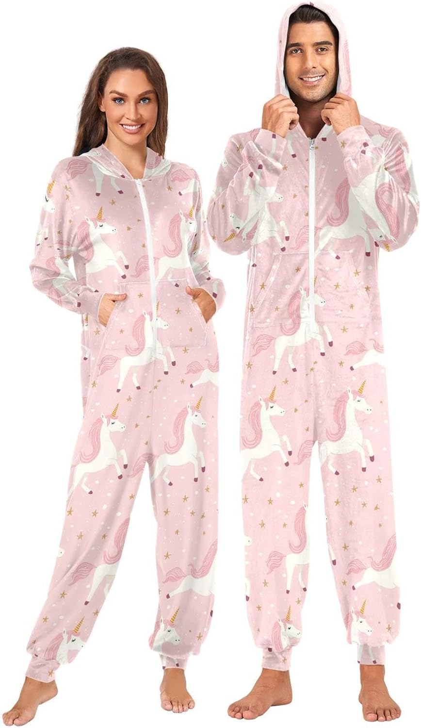 ZZKKO Pink Unicorn and Star Adult Onesie Pajamas for Women Men Cozy One Piece Pajamas Costume Zip-Up Hooded S-XL