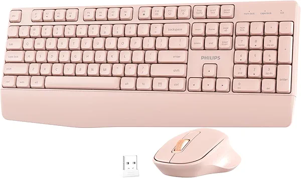 PHILIPS Wireless Keyboard and Mouse Combo-Ergonomic Keyboard and Mouse Wireless Combo with Silent Design,Plug n' Play,Sleep Mode and 2.4GHz Keyboard for Mac, Windows, Laptop-Pink
