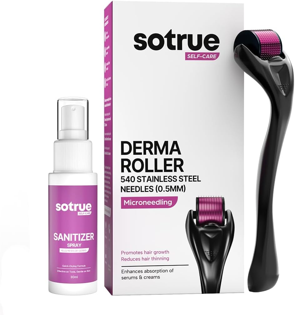 Sotrue Derma Roller 0.5mm with Sanitizer | 540 Stainless Steel Needles | Derma Roller for Hair Growth & Thickening, Repair Damages and Activates Hair Follicles, Reduces Acne Scars (Black)