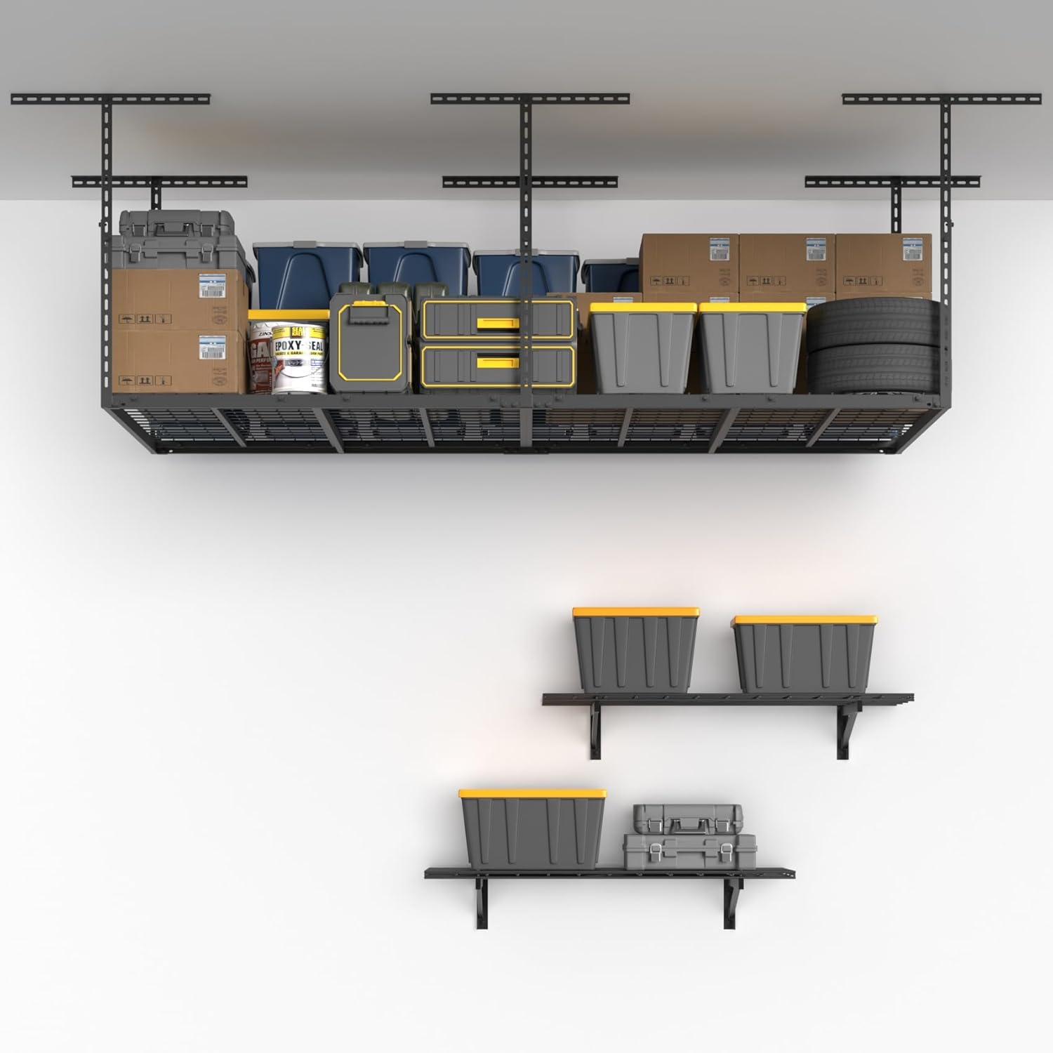 4X8FT Overhead Garage Storage Rack and 2 Pack Heavy Duty Garage Wall Shelving Set (1.5x4ft)