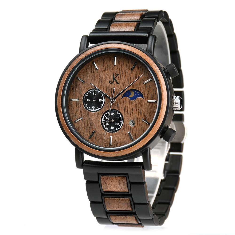 Kim Johanson Orologio da polso da uomo in legno e acciaio inox, Military, marrone scuro, cronografo con display sole e luna, realizzato a mano, orologio analogico al quarzo, con confezione regalo