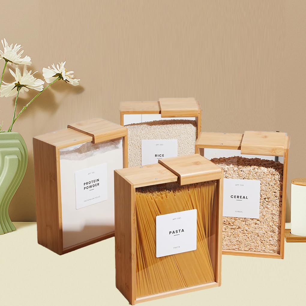 QOKLIYUI Juego de 2 recipientes herméticos para cocina, soluciones para almacenar cereales y arroz, organizadores de despensa de Para madera y dispensador de cereales.