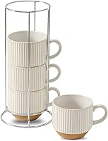 Vista 8 de Tazas de café de cerámica con soporte, juego de 4 tazas de café apilables de 15 onzas para café con leche, capuchino, moca, cacao, tazas de café