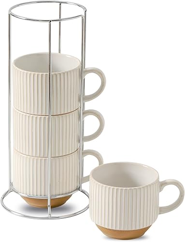 Miniatura 8 de Tazas de café de cerámica con soporte, juego de 4 tazas de café apilables de 15 onzas para café con leche, capuchino, moca, cacao, tazas de café