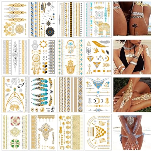 16 Sheets Face Tattoos Sticker, Face Stickers Gold Metallic Temporary Transfer Glitter Fake Tattoos, Metallic Temporary Tattoos, for Party Decoration 16 Sheets Face Tattoos Sticker, Face Stickers Gold Metallic Temporary Transfer Glitter Fake Tattoos, Metallic Temporary Tattoos, for Party Decoration