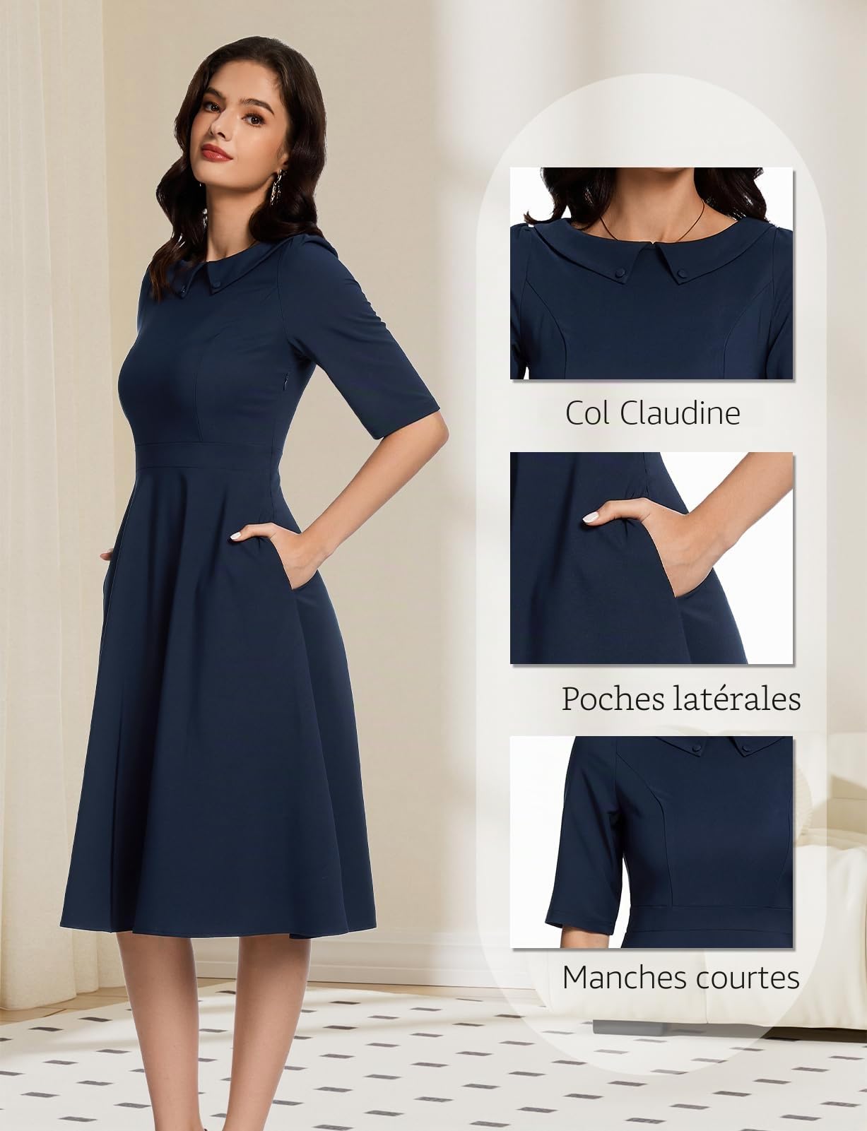 Bbonlinedress Robe Femme Chic Elegant Vintage pour Soirée Cocktail Déguisement Mariage Robe Hiver Mi Longue Col avec Bouton Manches 1/2