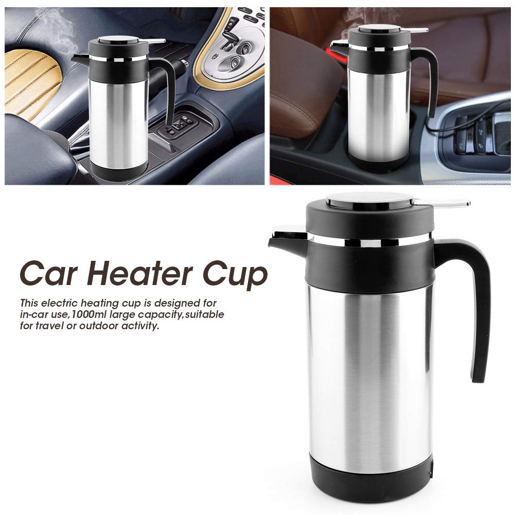 KIMISS 1000ML Caldera eléctrica para automóviles, acero inoxidable Taza de calefacción para autos Café Té Termo Calentador de agua Taza Caldera de viaje 12V