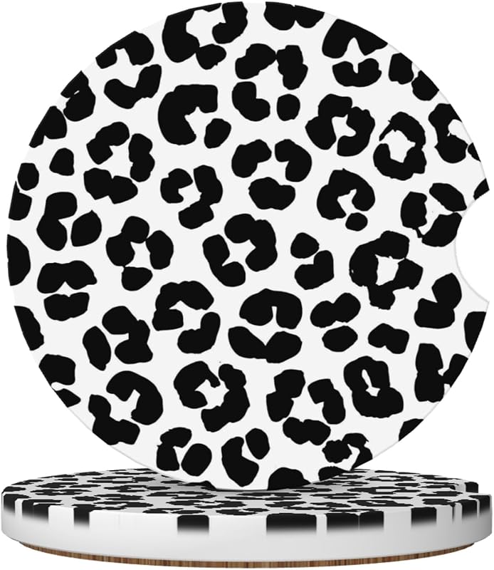 Porta-copos automotivo de cerâmica com estampa de leopardo, base de cortiça e puxador lateral HUWAAI, 2 unidades