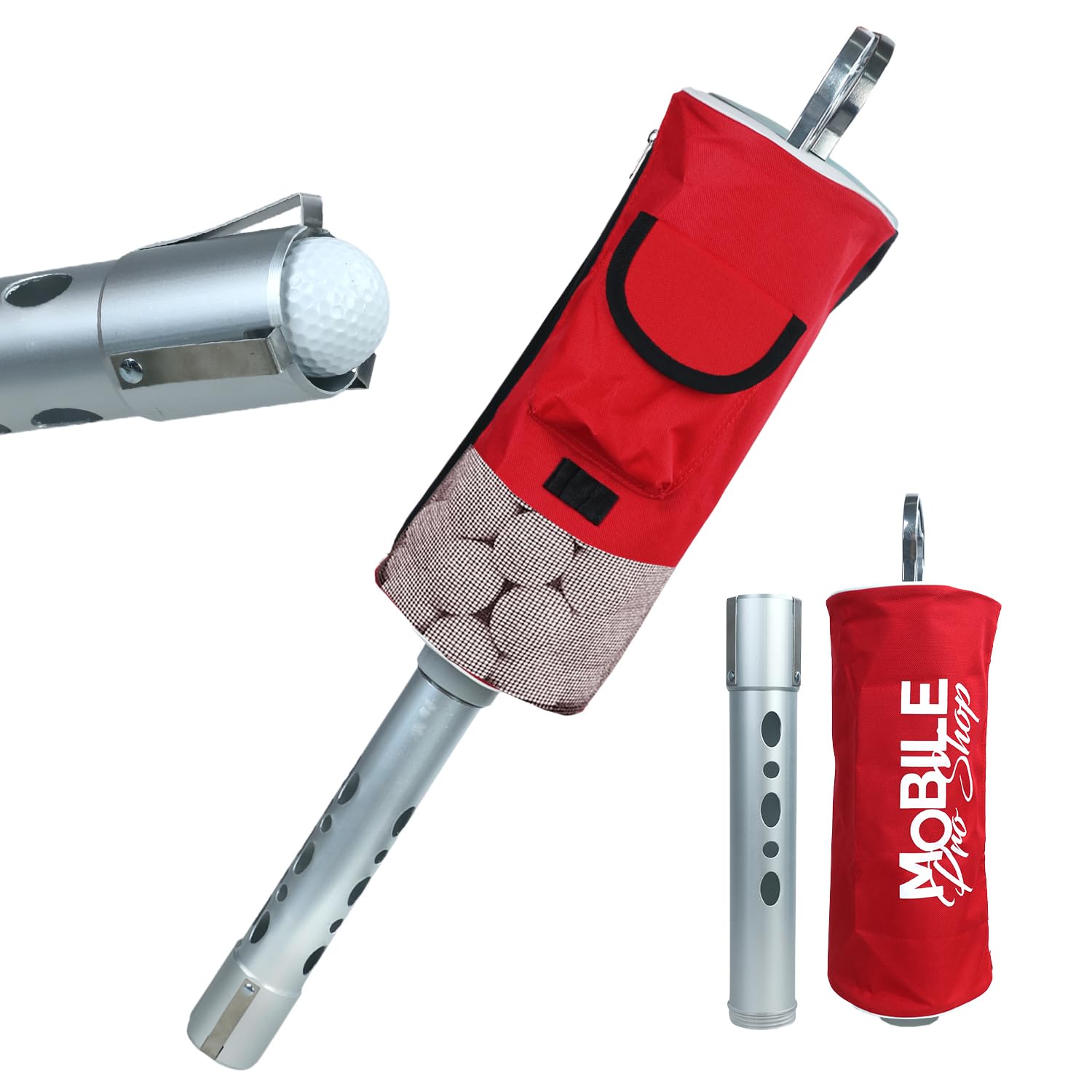 Mobile Pro Shop Golf Ball Retriever | Portable Golf Shag Bag | Collector with Detachable Aluminium Alloy/Plastic Tube with Pocket & Tee Holder Storage Picker (Red)