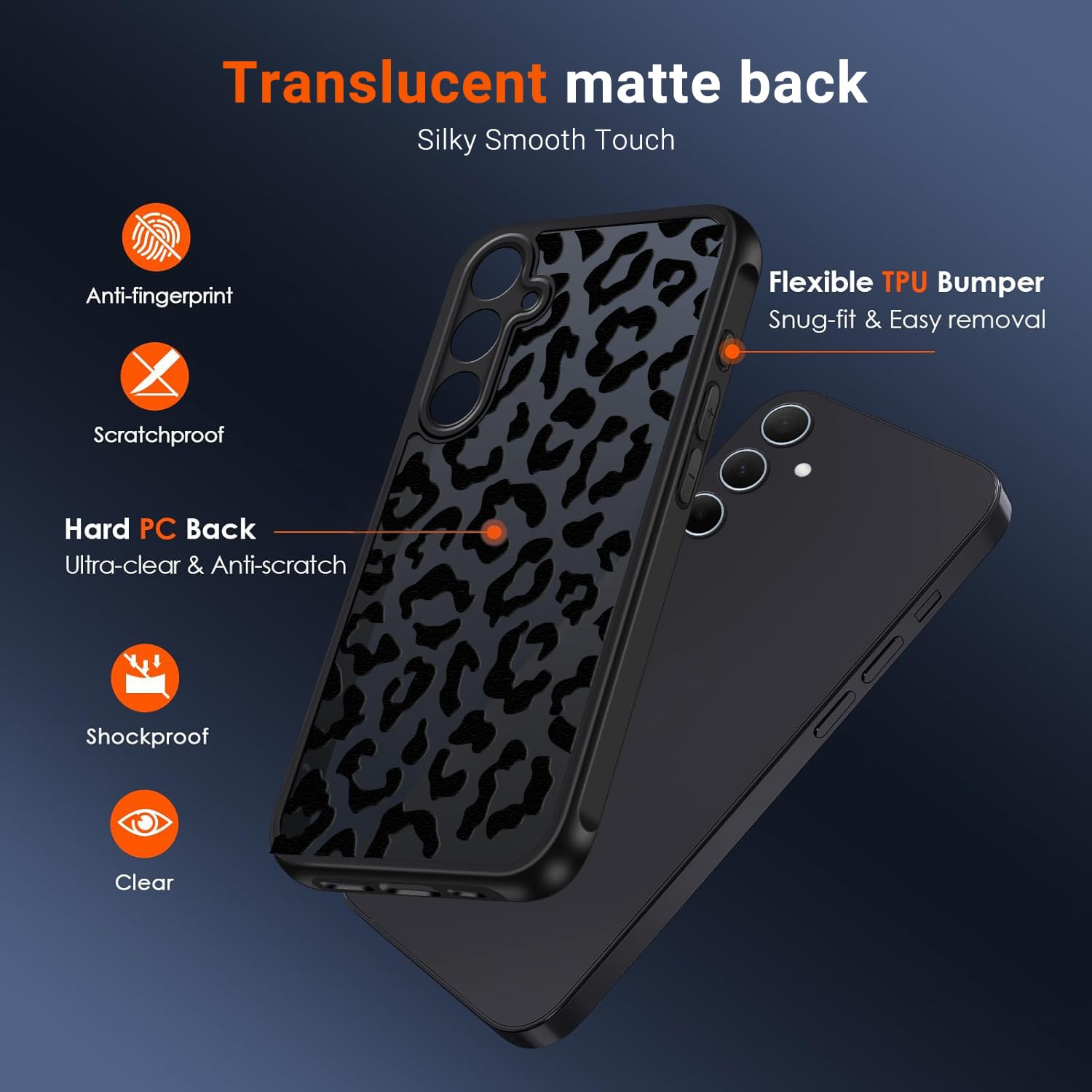 Coqinen Cover per Samsung Galaxy A35 5G, Custodia Traslucida Opaca Case con Moda Leopardata Aesthetic Motivo, Sottile Antiurto PC + TPU Bumper Protettiva, Nero