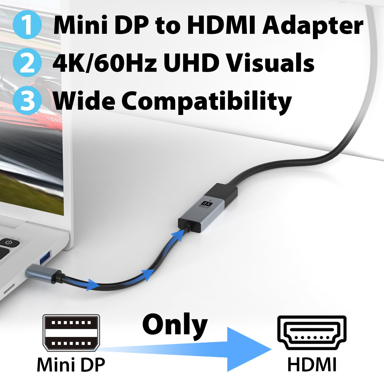 Cyberguys! Adattatore da Mini DisplayPort a HDMI, 4K a 60Hz Mini DP (compatibile con Thunderbolt 1/2) a HDMI, Plug & Play, placcato oro, per MacBook Pro/Air, Surface, iMac (non USB-C/Thunderbolt 3)