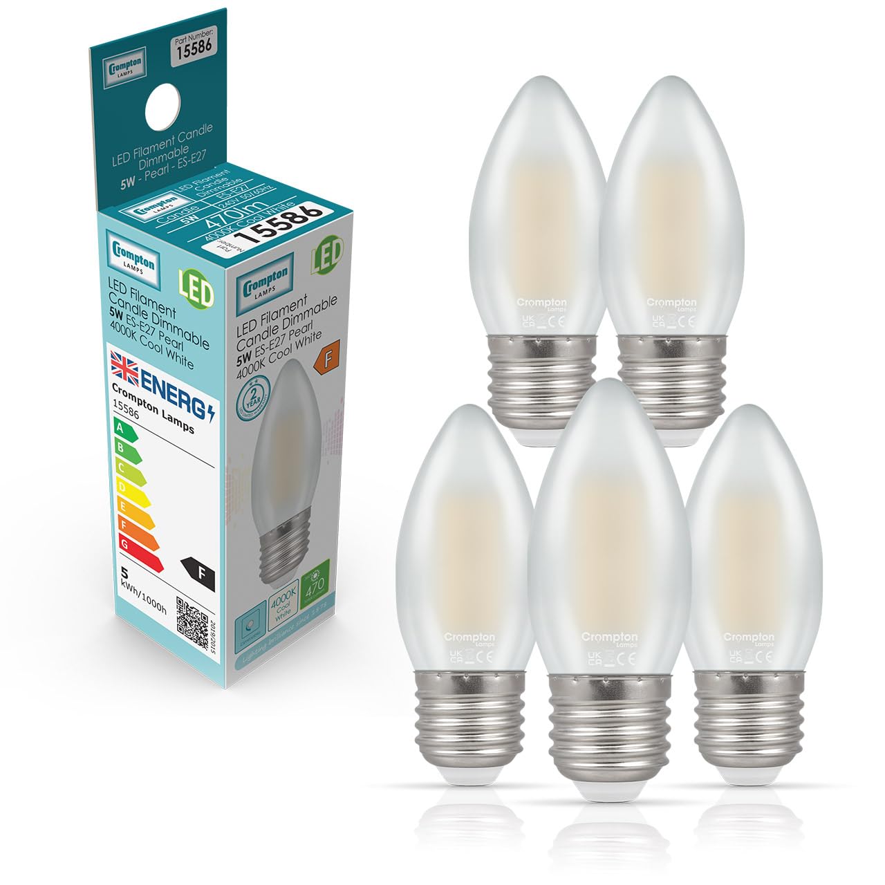 Crompton Lamps Filament Candle LED Light Bulb ES-E27 | 5W = 40W Equivalent | Cool White 4000K | Energy Efficient | Edison Screw Lightbulb | Long Life 15000-Hrs | Pearl Glass | Dimmable | 5-Pack