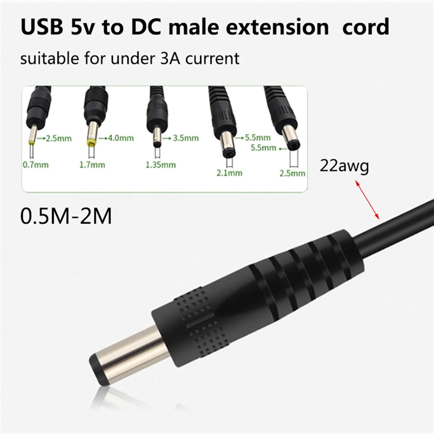 1pcs 0.5M 2M 5V USB Type A Male to DC 3.5 1.35 4.0 1.7 5.5 2.1 5.5 2.5mm Male Extension Power Cord Jack Cable Connector(2.5x0.7mm,2M)
