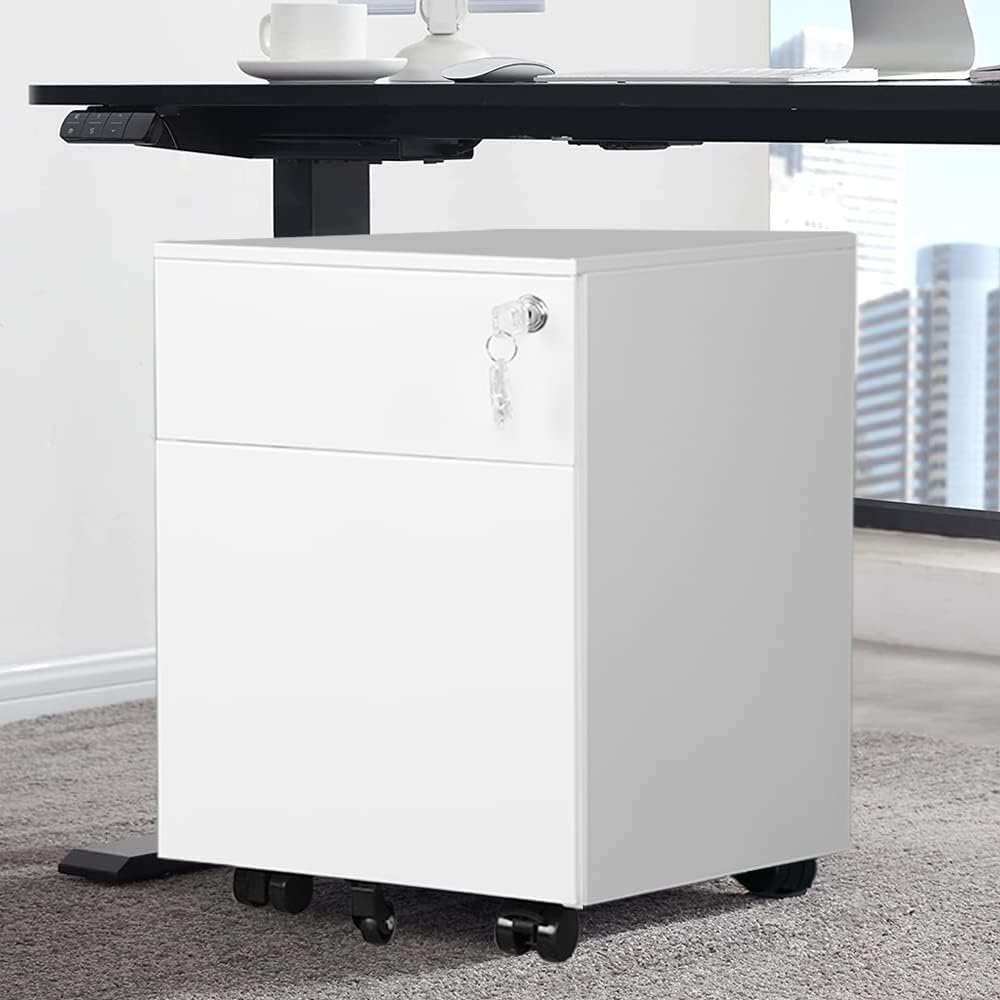 2 Drawer Mobile File Cabinet for Storage Under Desk in Home Office, Mobile File Cabinet, Metal File Cabinet with Lock, Legal/Letter /A4/F4 Size, Fully Assembled, Including Wheels, White