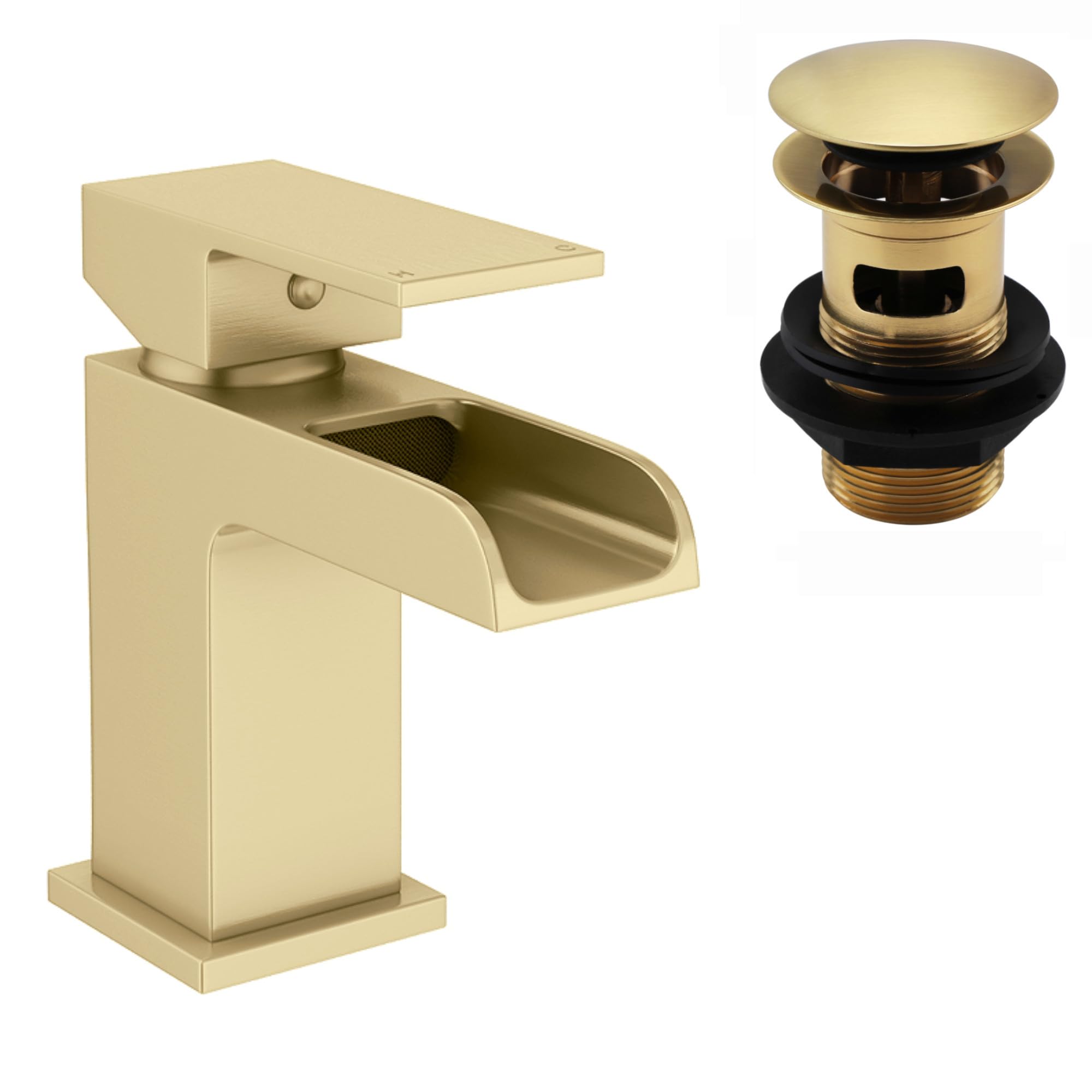 ENKI, Plaza, BBT0266, Brushed Brass Basin Mixer Tap, Square Waterfall Open Spout Design, with Slotted Pop Up Waste