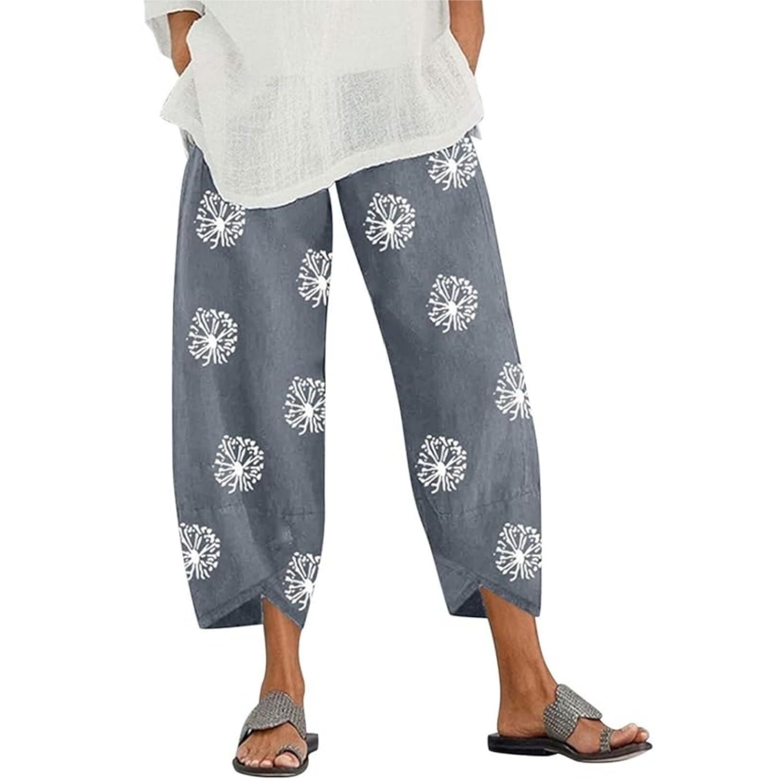 Linen Capri Pants for Womens Casual Cotton Cropped Elastic Waist Lounge Baggy Palazzo Trousers with Pockets