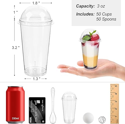 Miniatura 2 de Zezzxu Mini tazas de postre de 3 onzas con tapas y cucharas, paquete de 50 vasos de plástico transparente para postres pequeños vasos de chupito