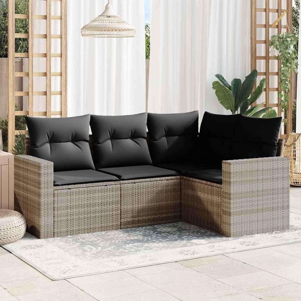 Set Divano da Giardino 4 Pezzi con Cuscini Grigio Chiaro Rattan PE | Salotto modulare da esterno per terrazzo e patio con vano portaoggetti integrato e cuscini sfoderabili.