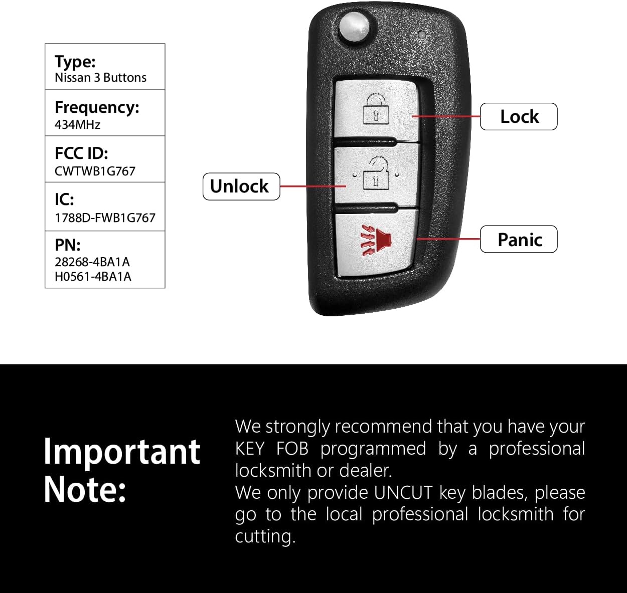 Replacement for 2014 2015 2016 2017 2018 2019 Nissan Rogue Key Fob Remote Control CWTWB1G767 3 Buttons 434MHz - Image 3