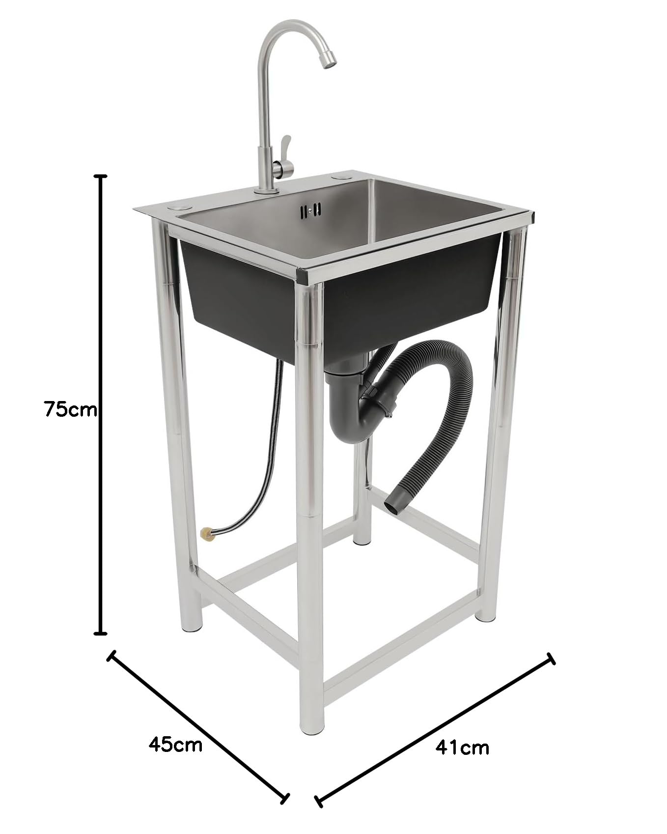 Évier de cuisine en acier inoxydable - 1 bac - Évier commercial avec robinet - Pour extérieur, intérieur, cuisine, restaurant, bar