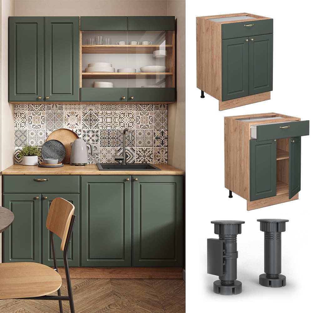 Vicco Mueble bajo de Cocina Fame-Line, Verde Dorado Casa de Campo, 60 cm con cajón, sin encimera, para Combinar con Otros módulos de la Serie Fame-Line