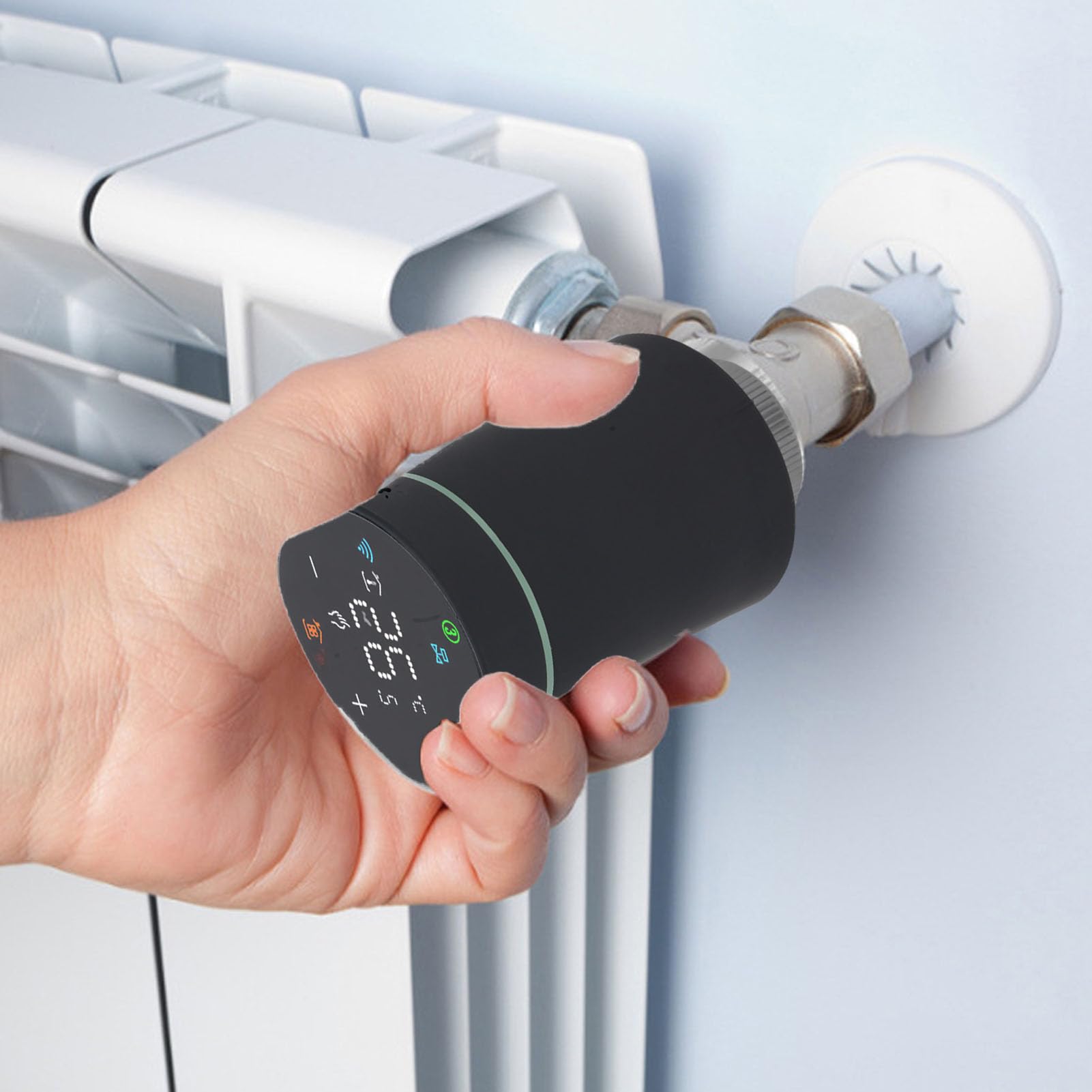 Compatibile con Tuya e l'app Smart Life - Valvola Termostatata Intelligente per Termosifone - Bianca - con Display Digitale LCD e Programmazione Settimanale - Molteplici Modalità (Nera)