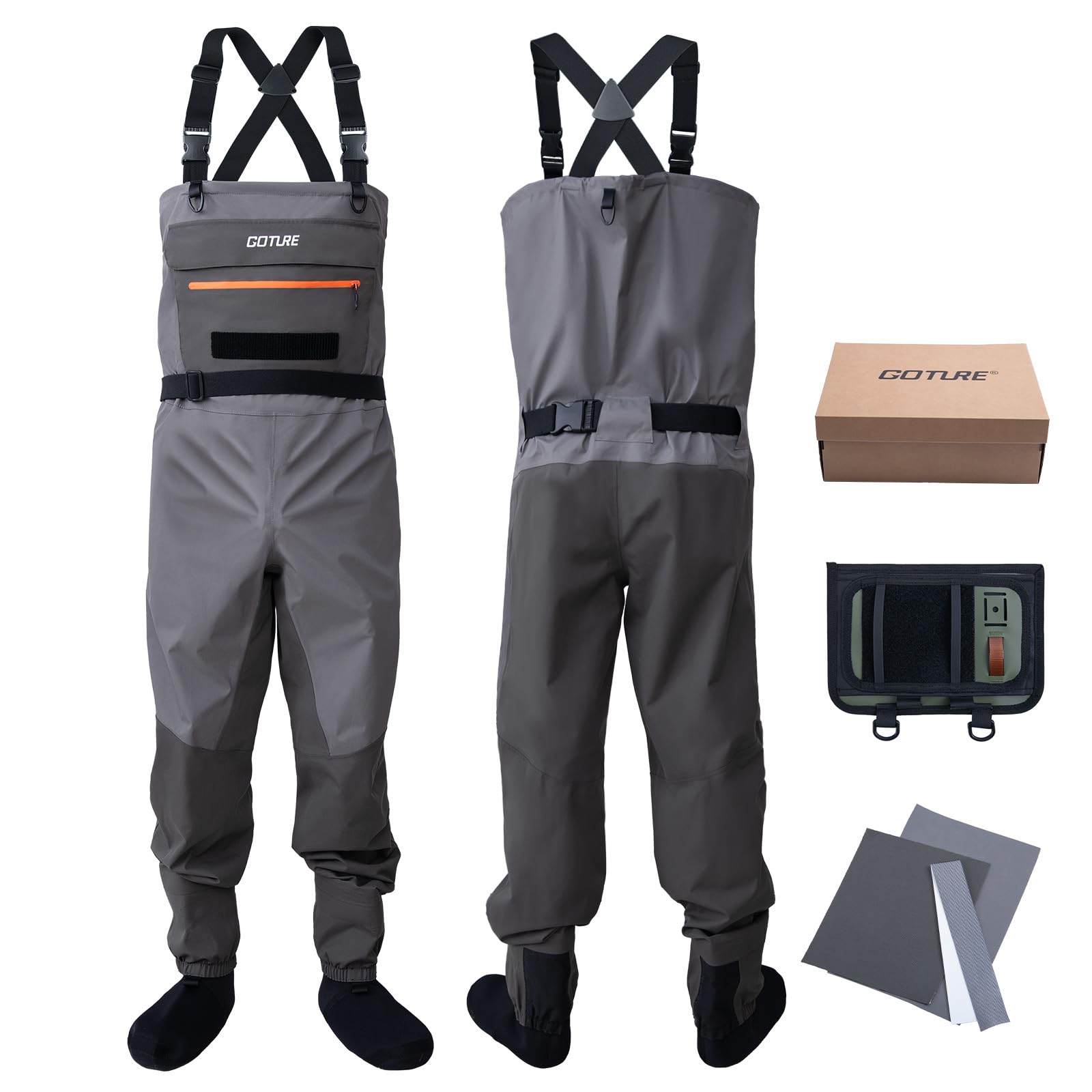 Goture 5-Layer Waterproof Stocking Foot Waders, Breathable Fly Fishing Waders for Men Women, Multiple Storage Pockets 5 Sizes