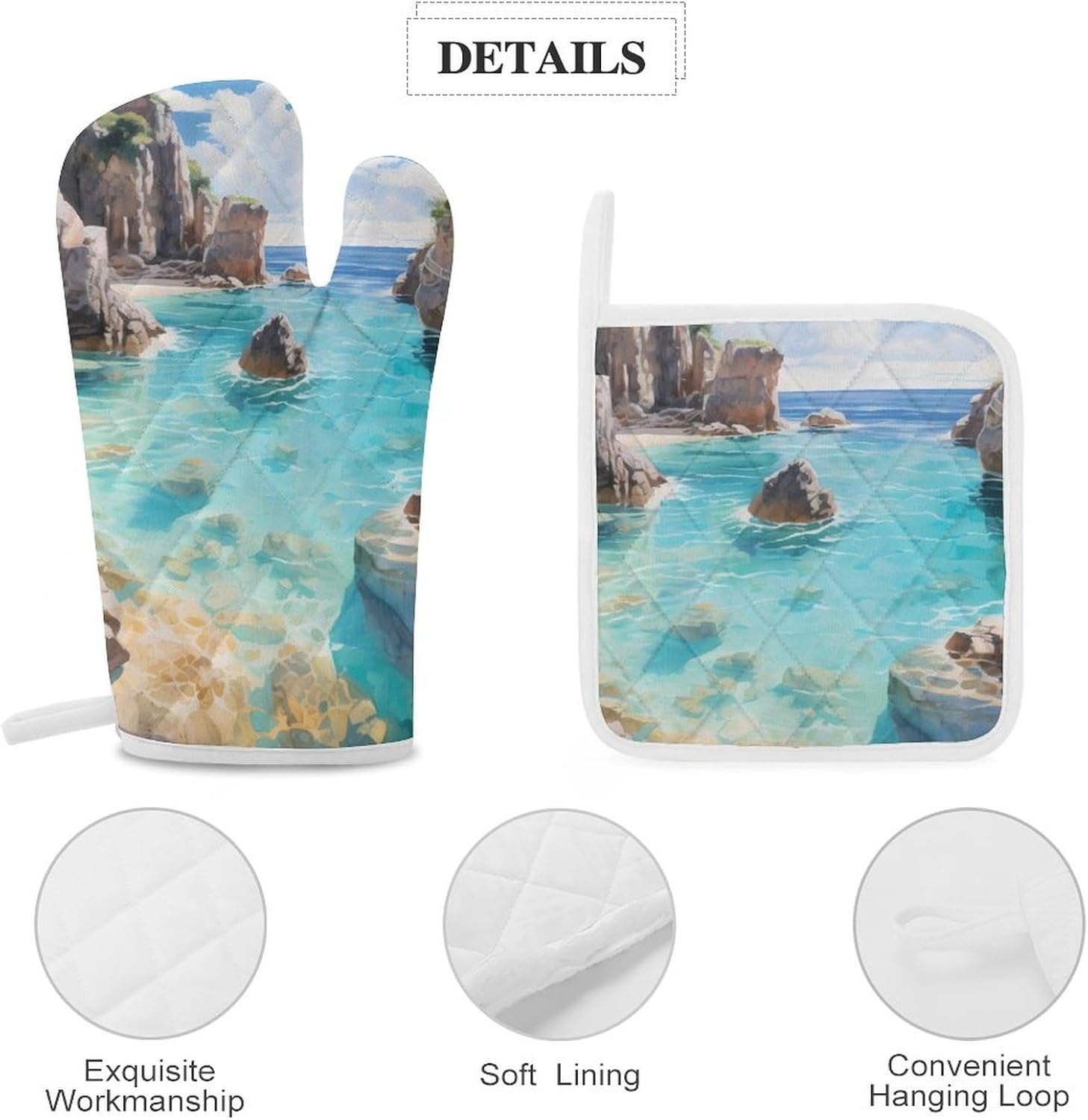 Horseshoe Bay Cove Bermuda 4 Pcs Oven Mitts and Pot Holders Set High Heat Resistant Long Kitchen Oven Glove Potholders