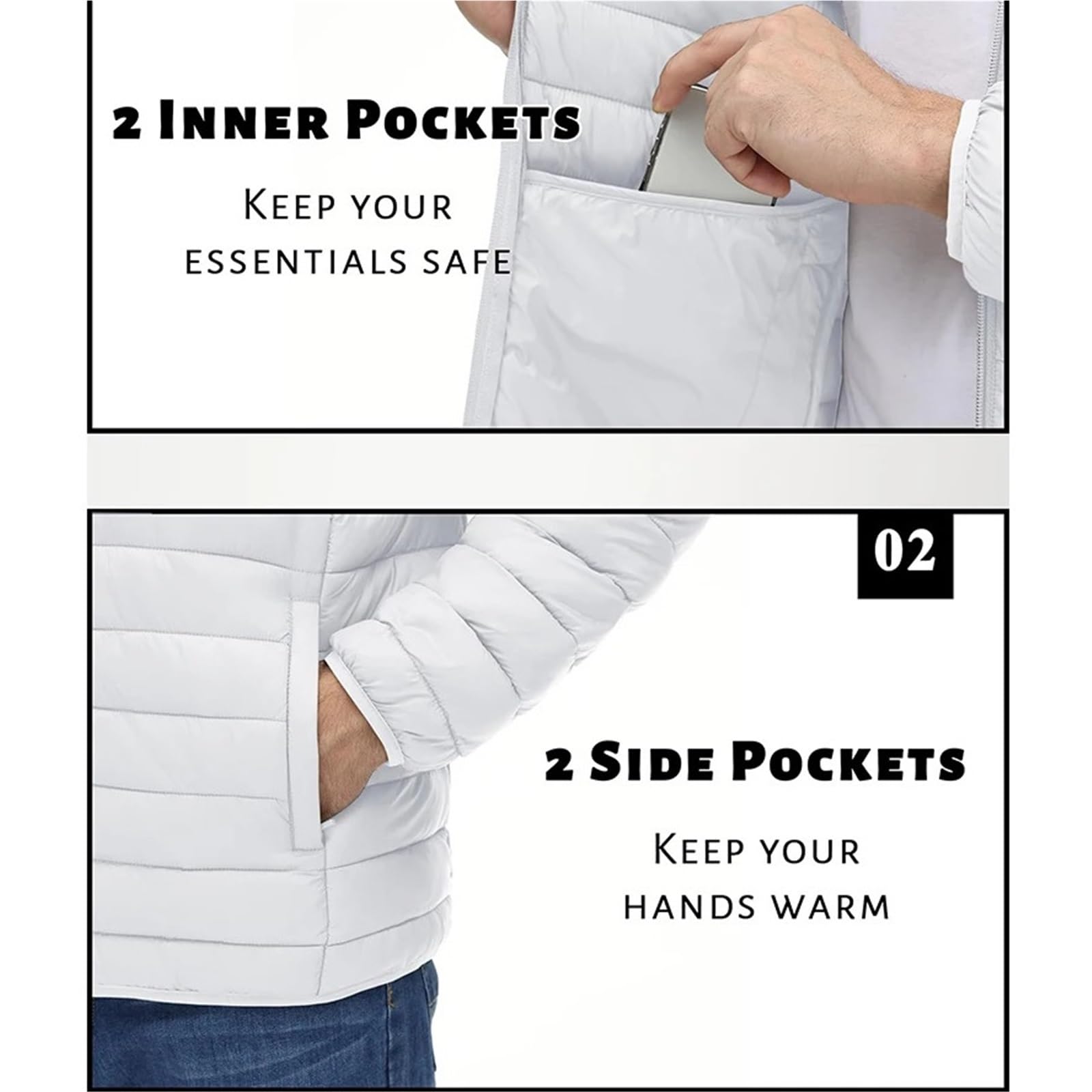 Giacca imbottita leggera da uomo con collo alto, cerniera completa, calda, impermeabile, lavoro, esterno, antivento per Uomo