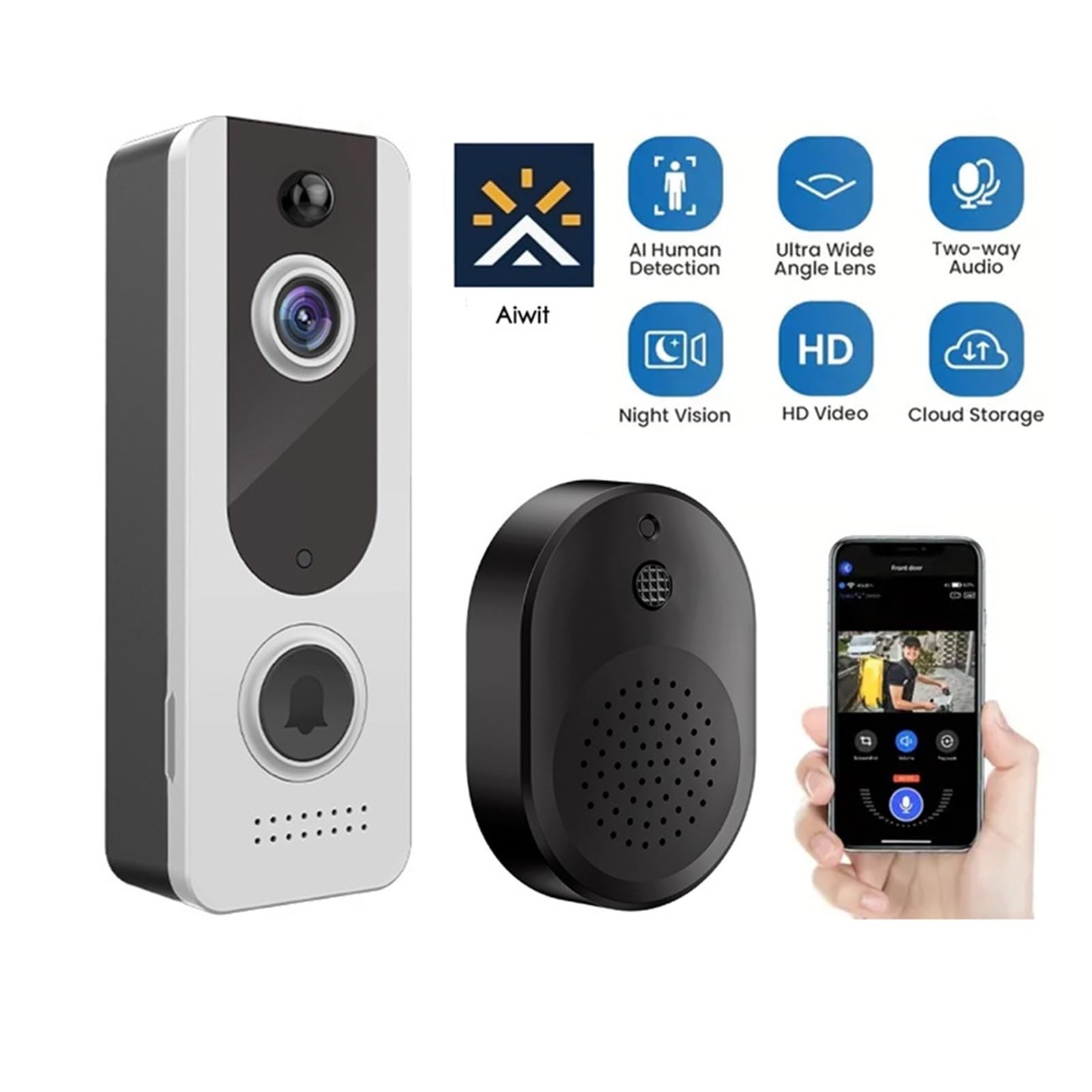 Sonnette vidéo Intelligente Wi-FI avec Carillon, interphone Audio bidirectionnel, Vision Nocturne, détection Humaine Intelligente par IA