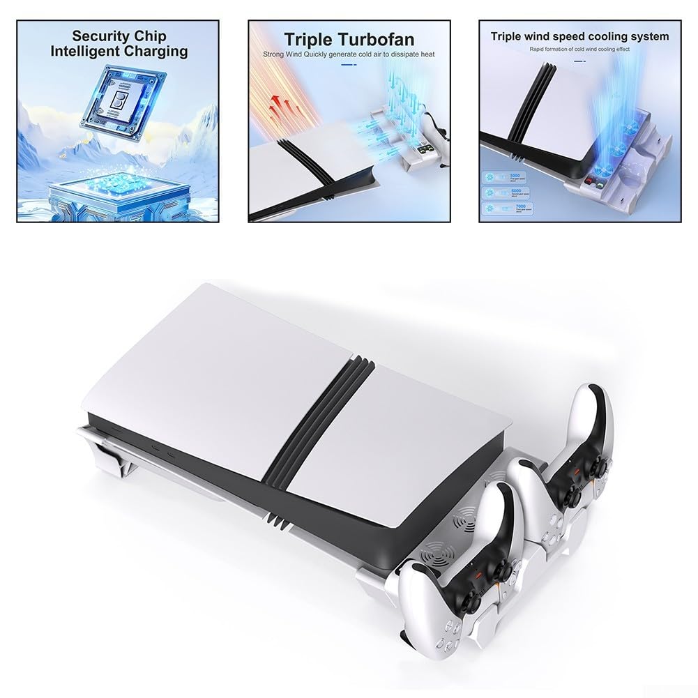 Soporte de refrigeración para consola de juegos para PS5 Pro/Slim, cargador doble con ventilador de 3 velocidades, indicadores LED, diseño delgado blanco