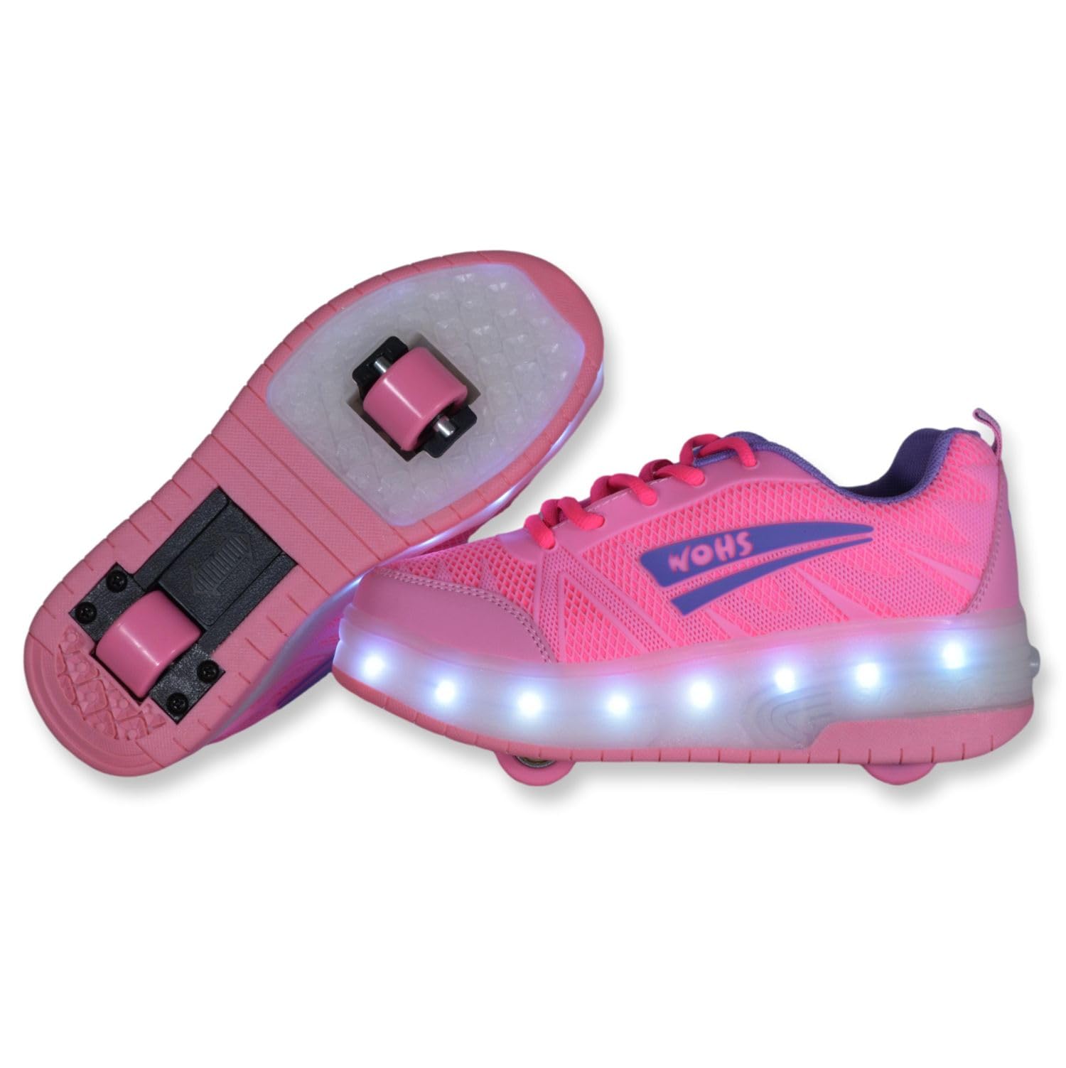 Scarpe da Ginnastica con Due Ruote e luci LED. Ricaricabile, 16 Effetti di Luce. Ruota Posteriore Automatica. Rosa/Lilla. Taglia 32