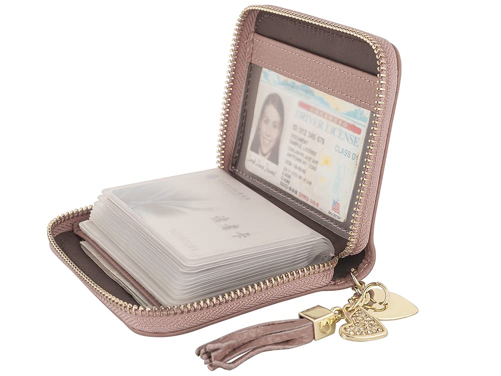 RFID Credit Card Holder, Small Leather Zipper Card Case Wallet for Women Compact Size, light pink, Minimalist
