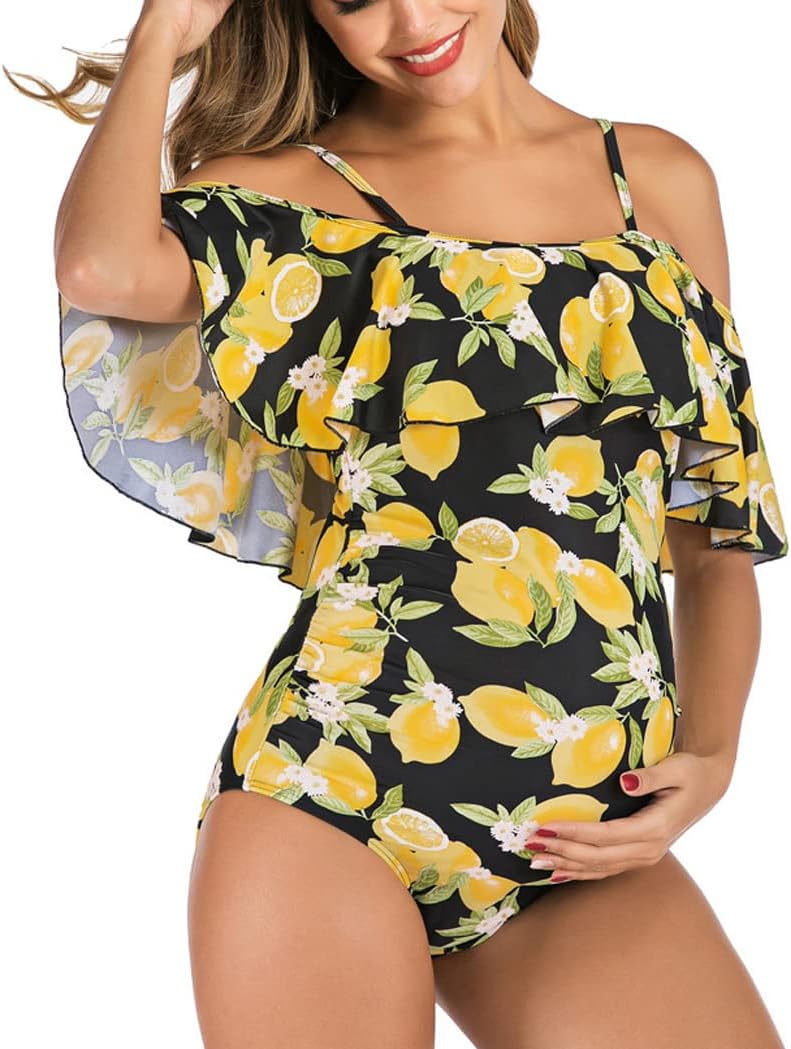 LANGWEI Maternity One-Piece Swimsuits Ruffled High Waisted Ribbed Pregnancy Swimwear Bikini Beachwear