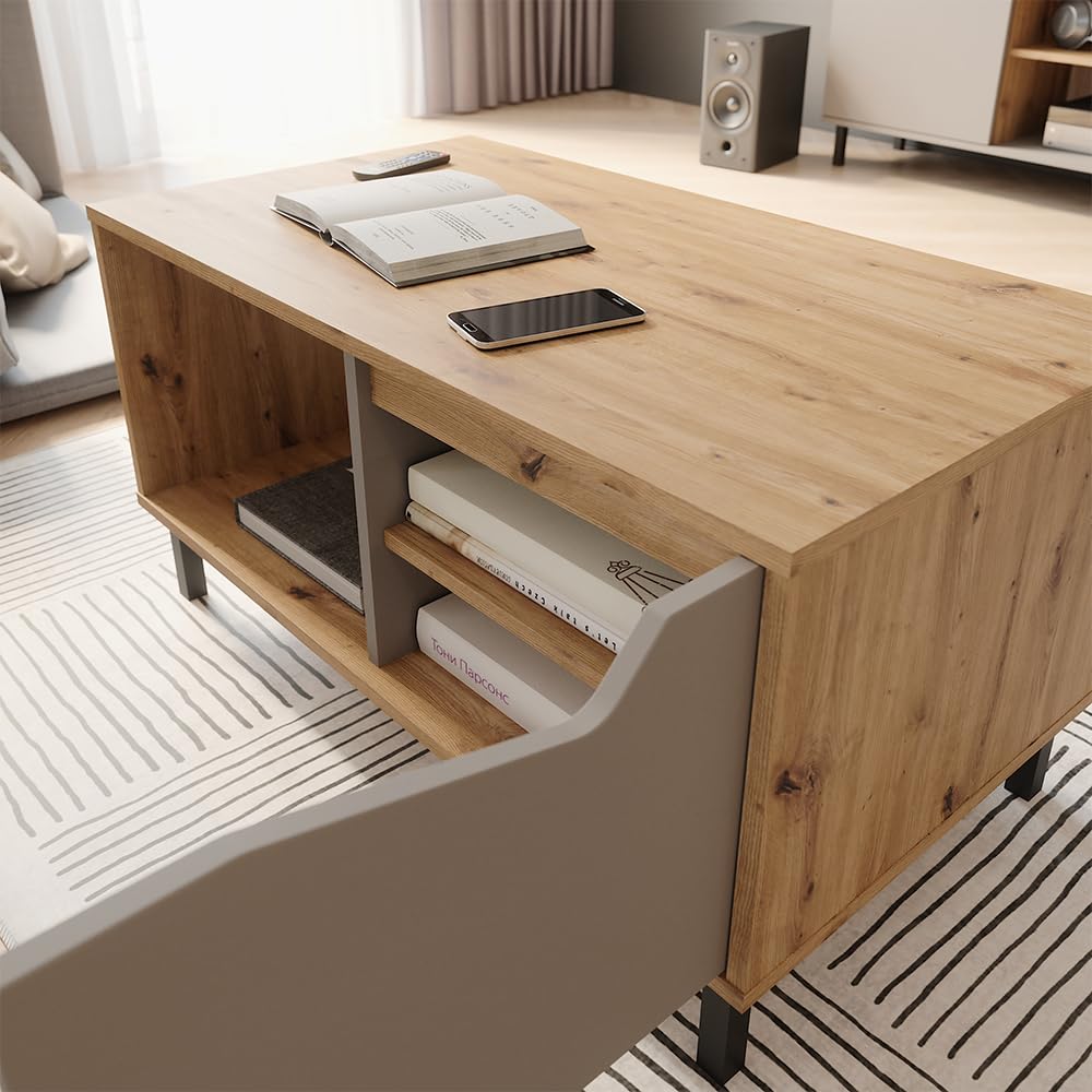 Vicco Couchtisch Marelle, Greige/Artisan, 90 x 50 cm | mit 1 Tür, offenem Ablagefach für zusätzliche Aufbewahrungsmöglichkeiten